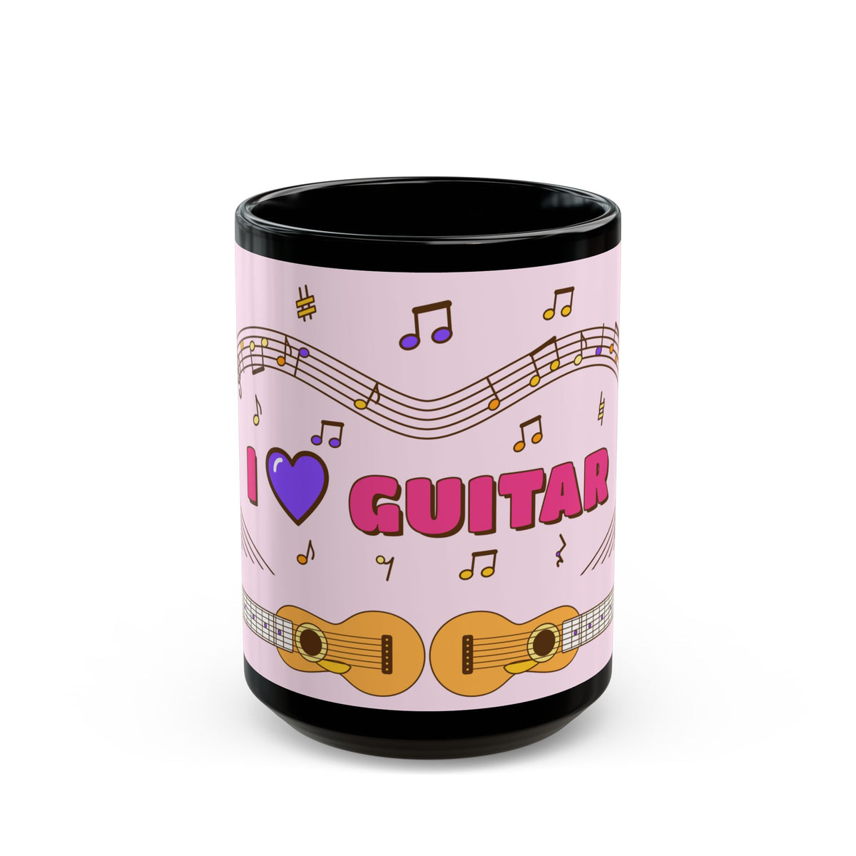 Music-themed Black Mug (11oz, 15oz): 'I love guitar' - pink