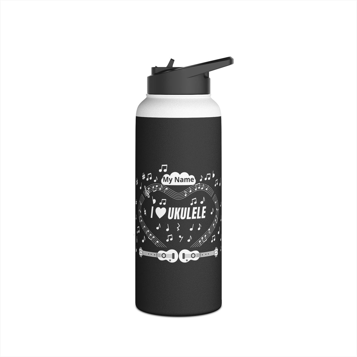 Music-themed Stainless Steel Water Bottle, Standard Lid: 'I love ukulele' - black & white