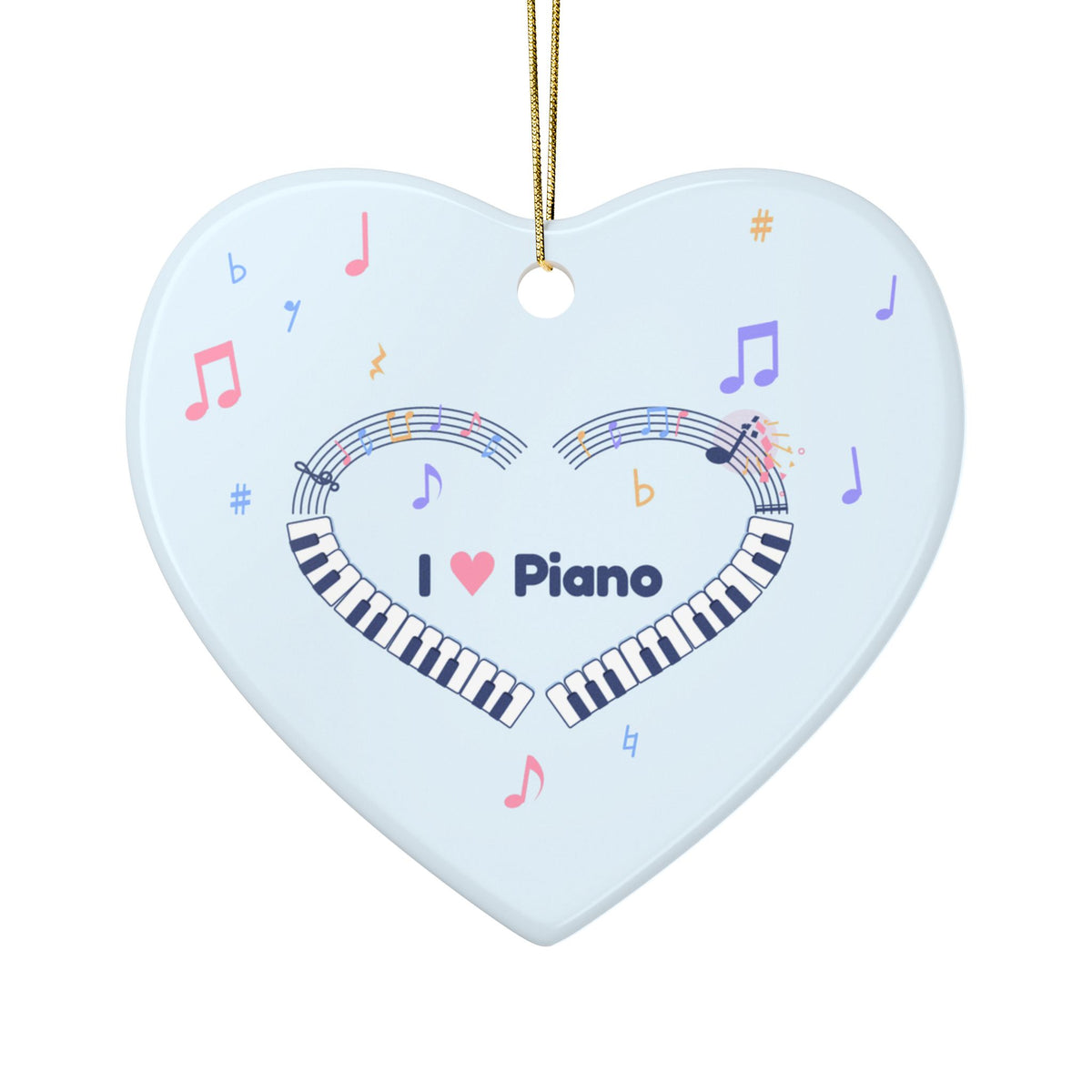 Music-themed Ceramic Ornaments, 2-Side Print: 'I love piano' heart - blue