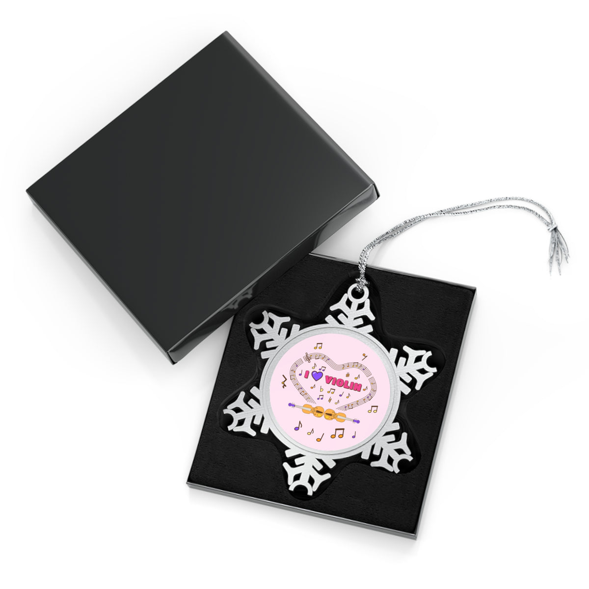 Music-themed Pewter Snowflake Ornament: 'I love violin' - pink