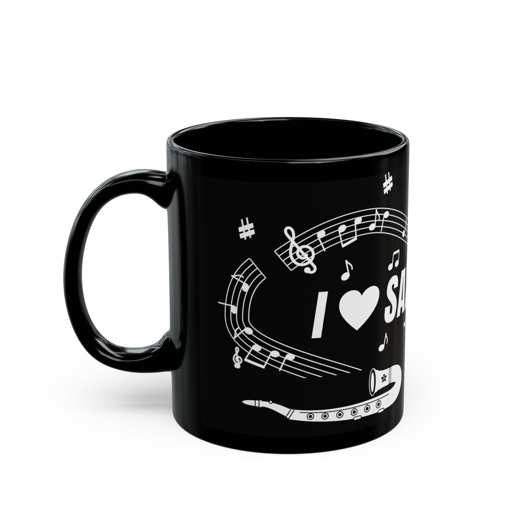 Music-themed Black Mug (11oz, 15oz): 'I love saxophone' - black & white
