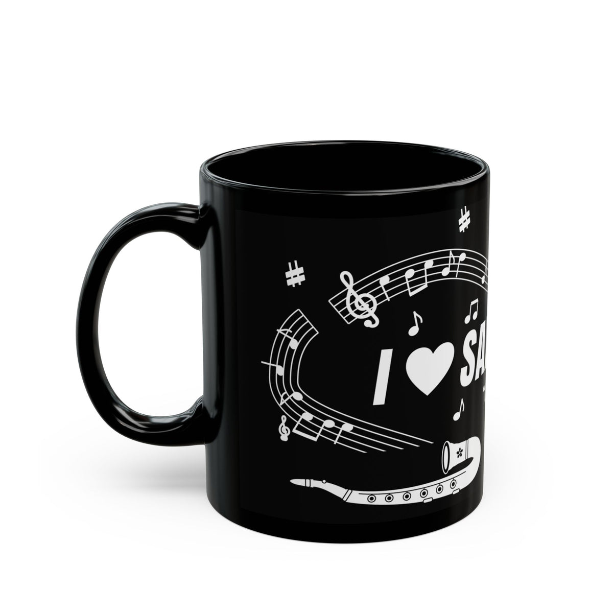 Music-themed Black Mug (11oz, 15oz): 'I love saxophone' - black & white