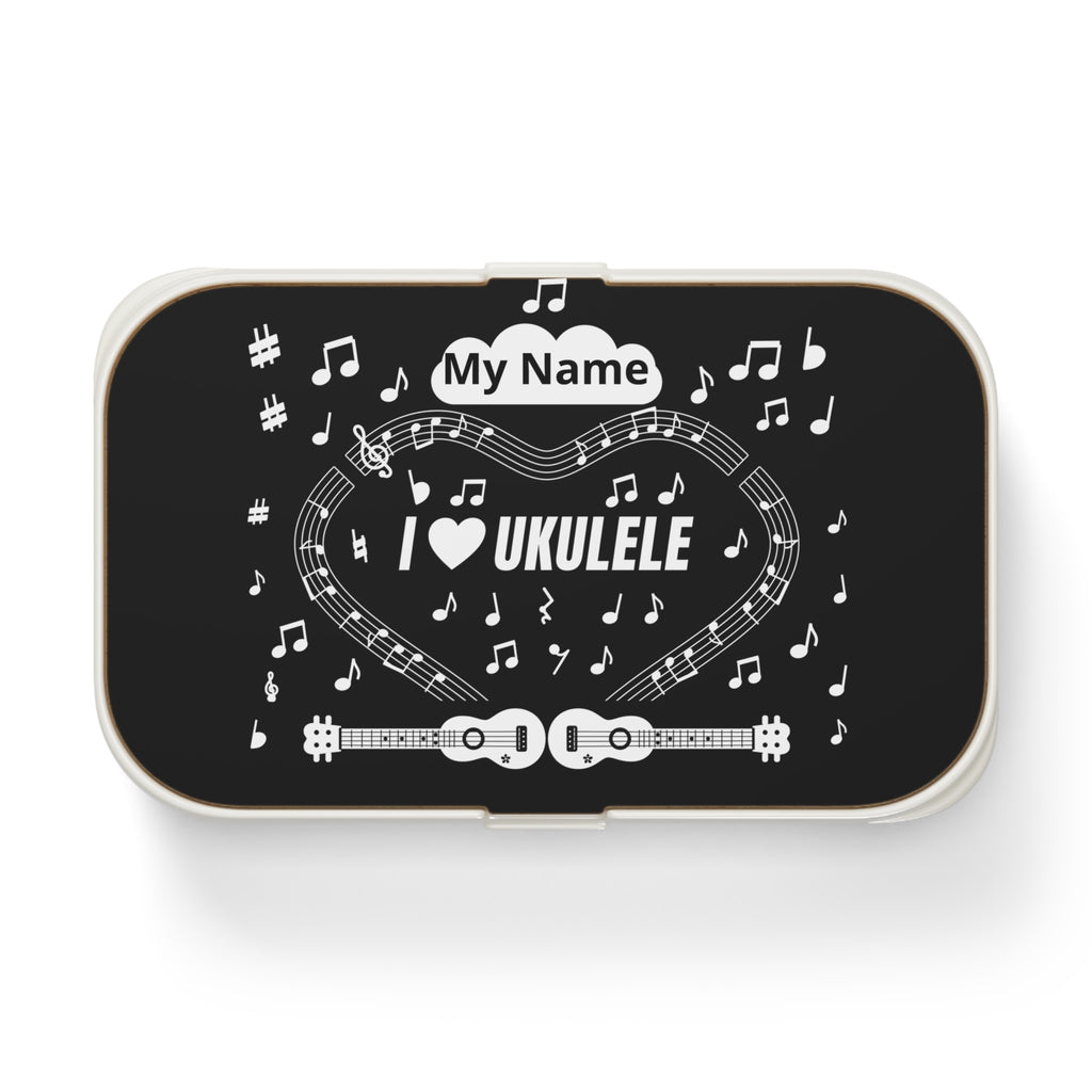 Music-themed Bento Lunch Box: 'I love ukulele' - black & white