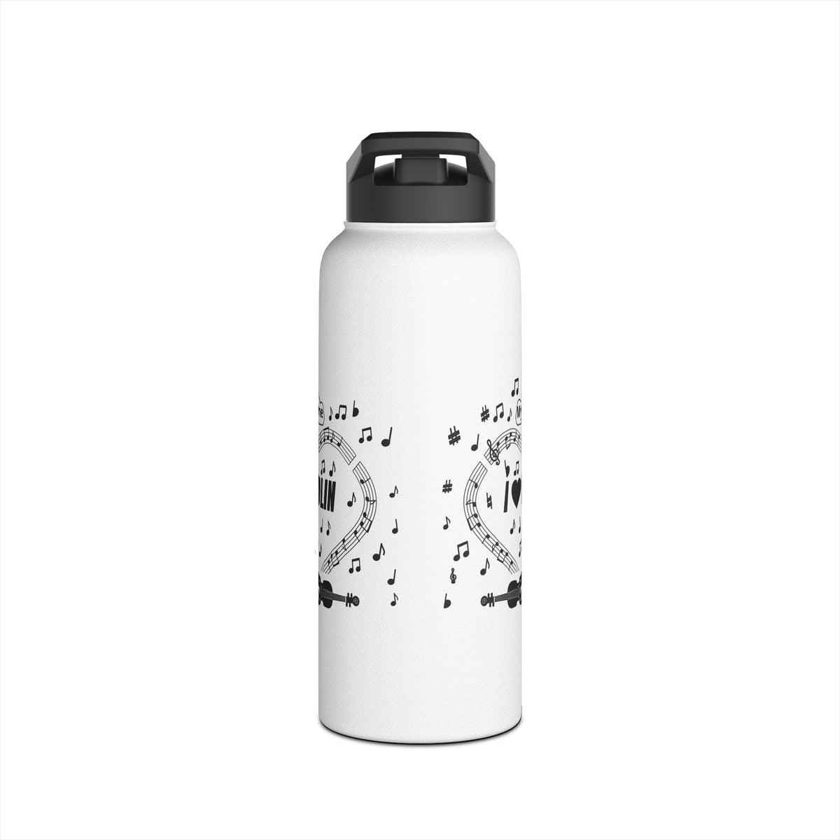 Music-themed Stainless Steel Water Bottle, Standard Lid: 'I love violin' - black on white