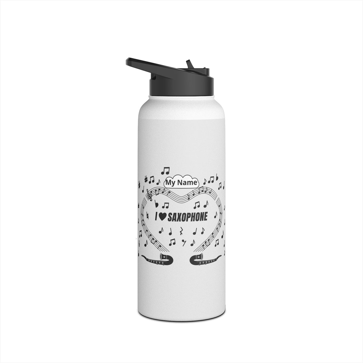 Music-themed Stainless Steel Water Bottle, Standard Lid: 'I love saxophone' - black on white