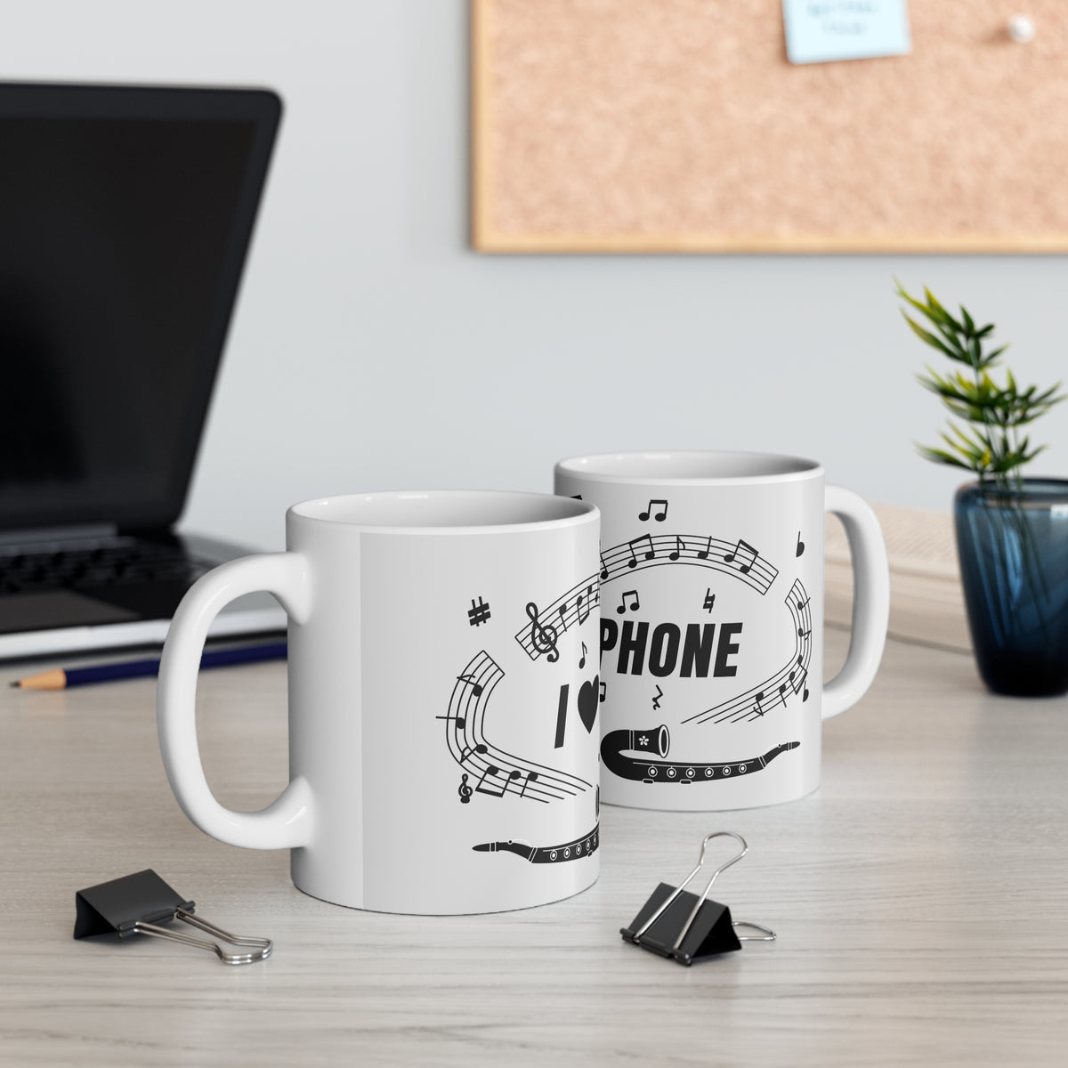 Music-themed Ceramic Mug, 11oz, 15oz: 'I love saxophone' - black on white
