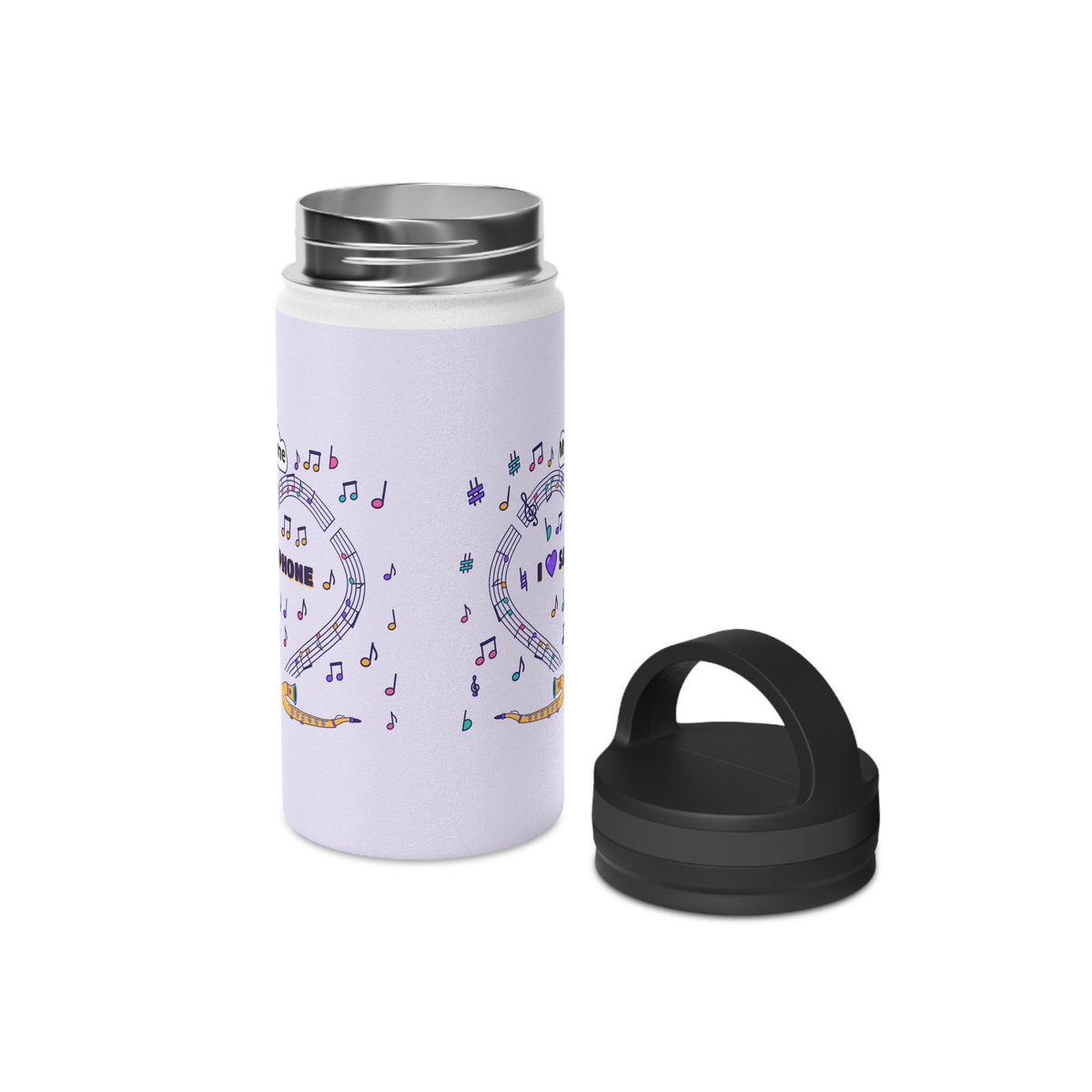 Music-themed Stainless Steel Water Bottle, Handle Lid: 'I love saxophone' - violet