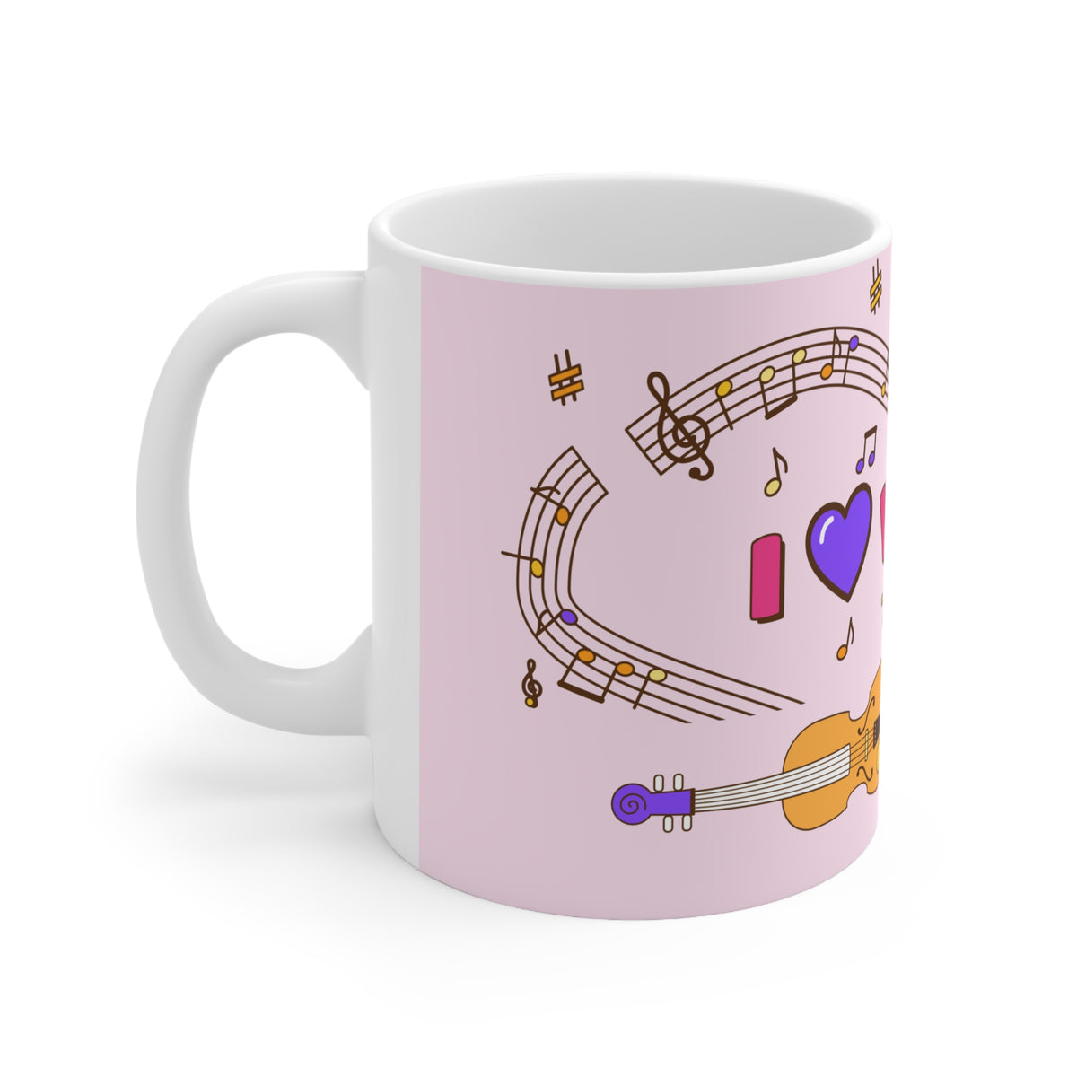 Music-themed Ceramic Mug, 11oz, 15oz: 'I love violin' - pink