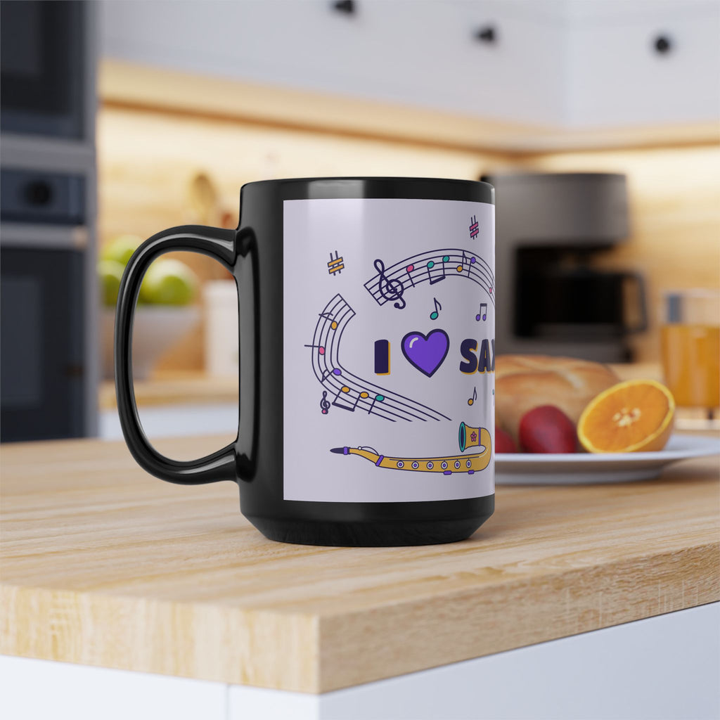 Music-themed Black Mug (11oz, 15oz): 'I love saxophone' - violet