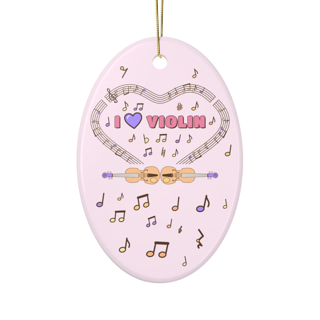Music-themed Ceramic Ornaments, 2-Side Print: 'I love violin' - pink