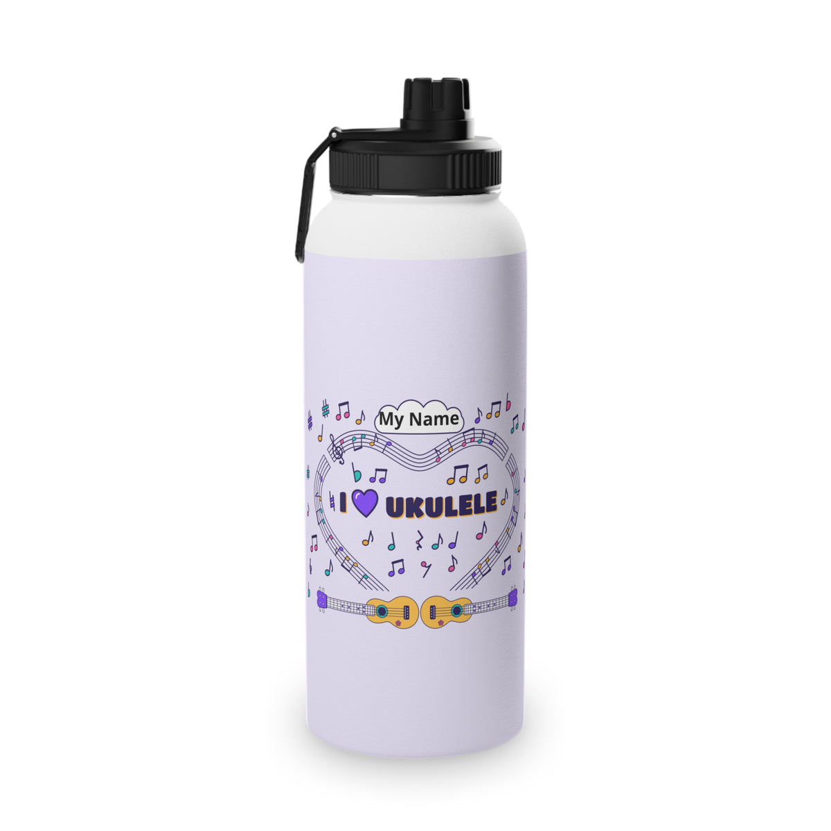 Music-themed Stainless Steel Water Bottle, Sports Lid: 'I love ukulele' - violet