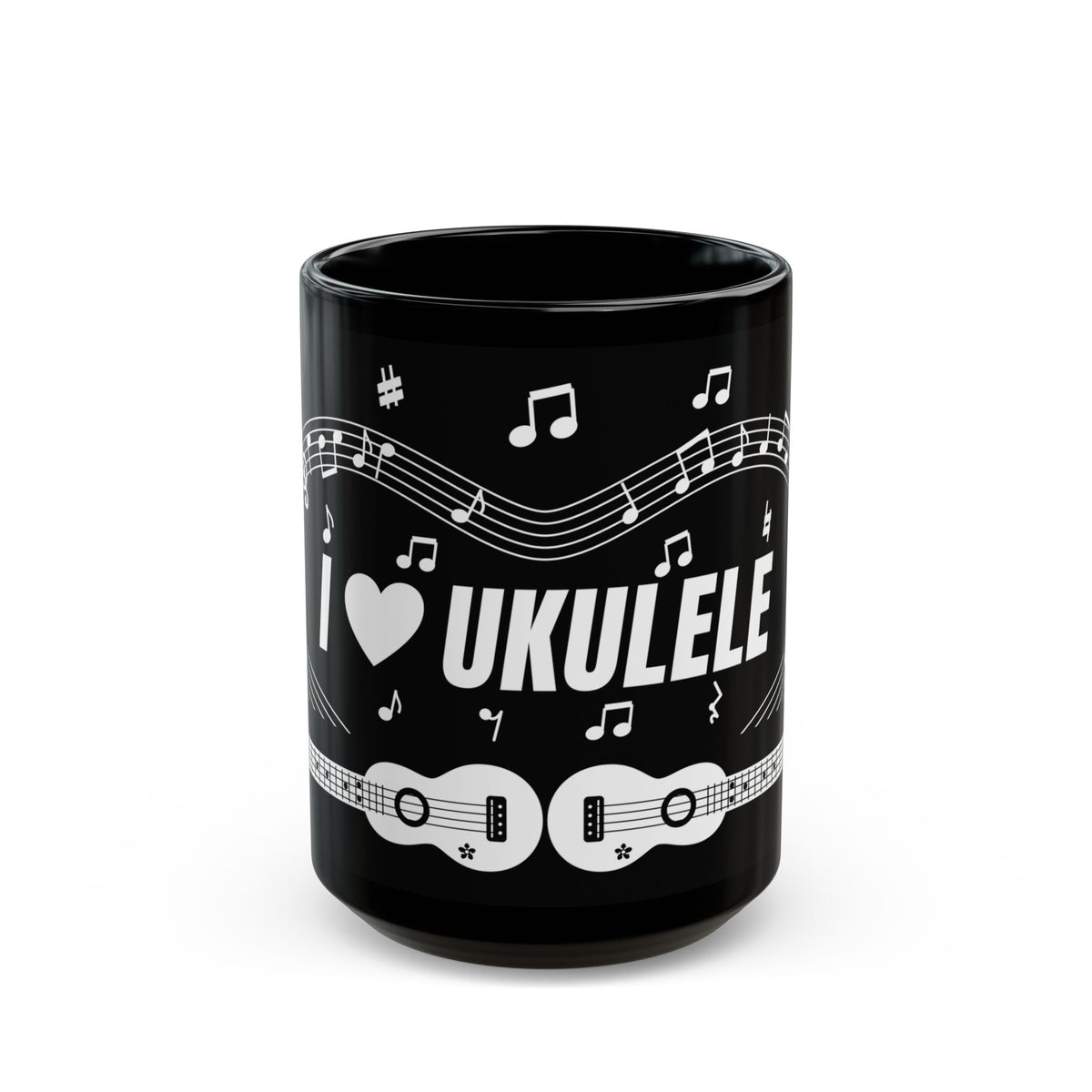 Music-themed Black Mug (11oz, 15oz): 'I love ukulele' - black & white