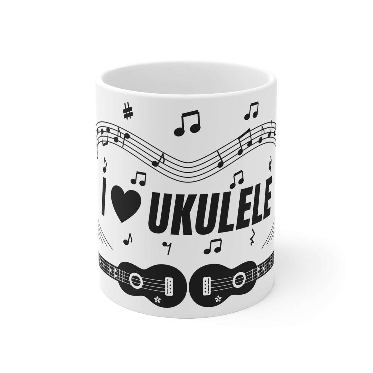 Music-themed Ceramic Mug, 11oz, 15oz: 'I love ukulele' - black on white