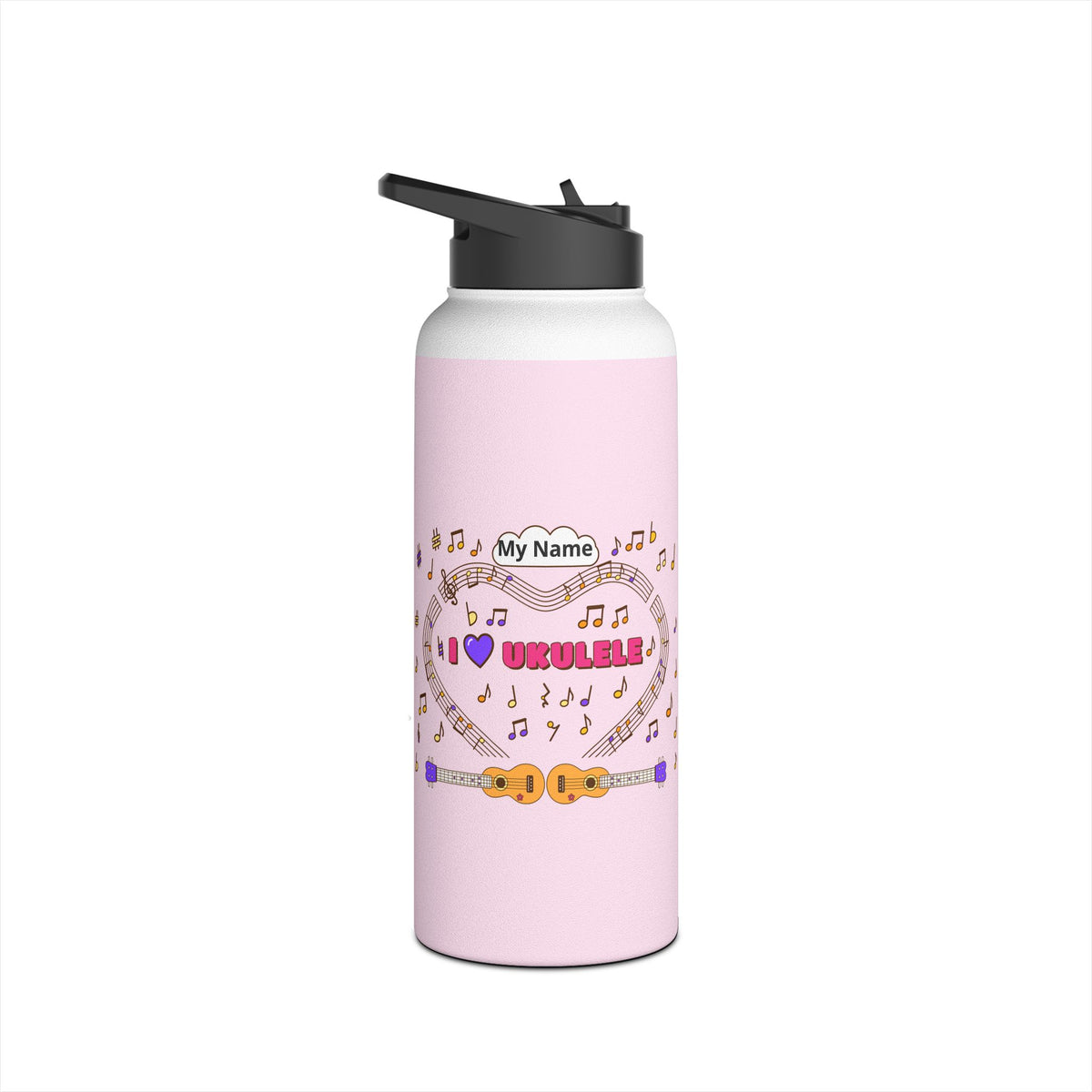 Music-themed Stainless Steel Water Bottle, Standard Lid: 'I love ukulele' - pink