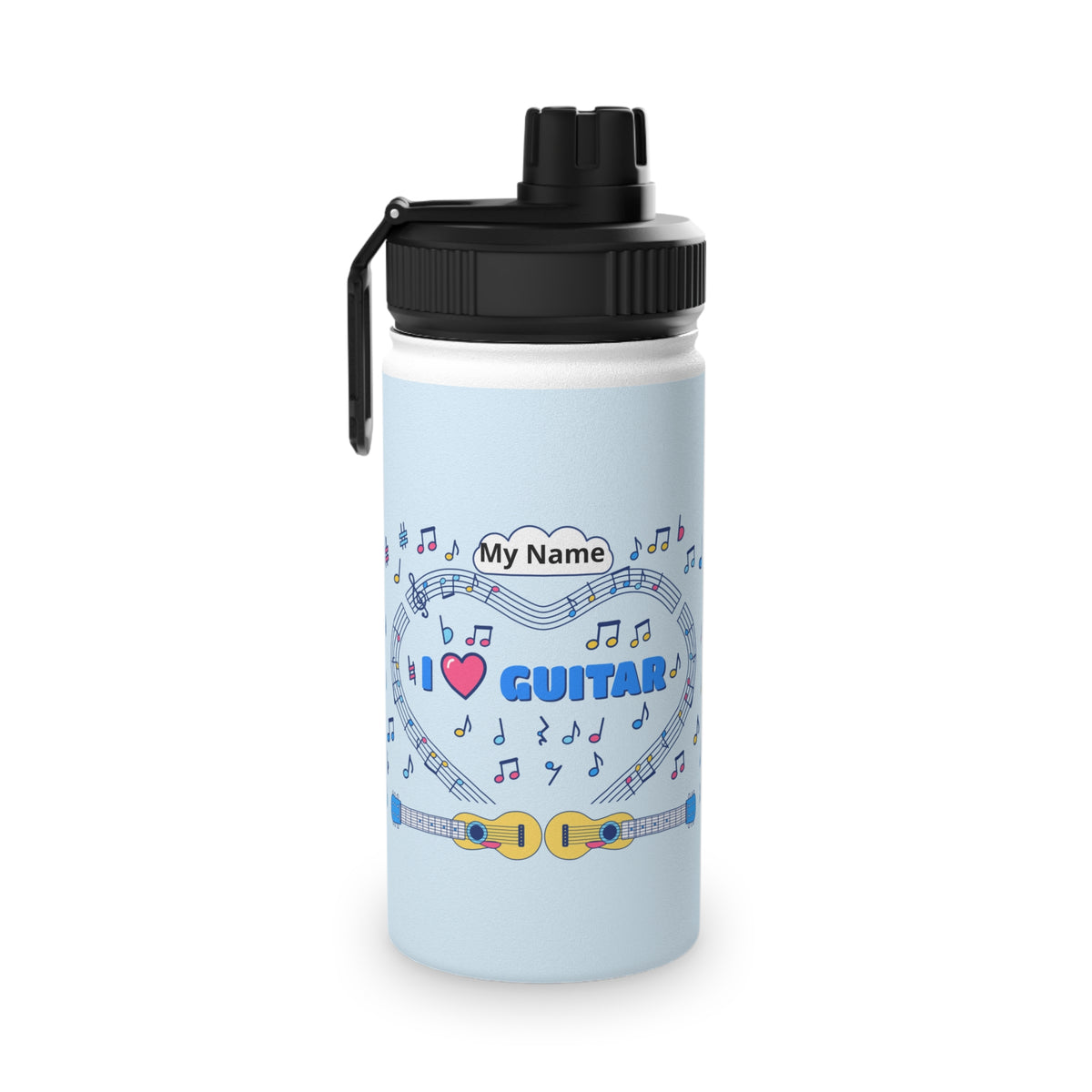 Music-themed Stainless Steel Water Bottle, Sports Lid: 'I love guitar' - blue