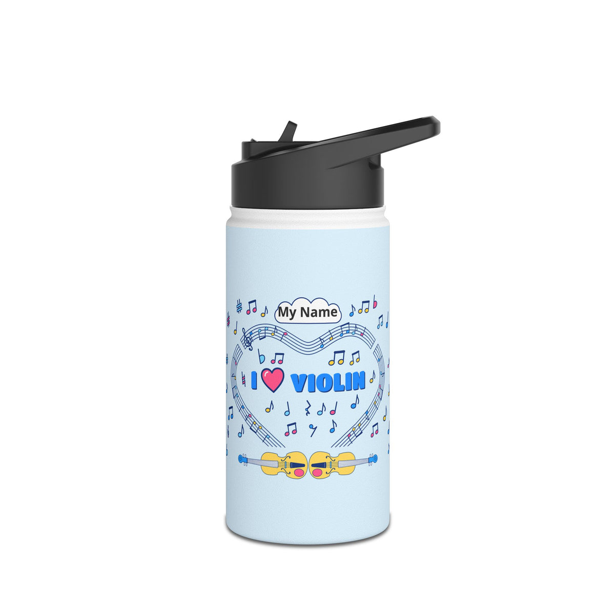 Music-themed Stainless Steel Water Bottle, Standard Lid: 'I love violin' - blue