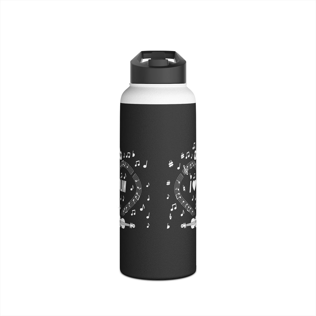 Music-themed Stainless Steel Water Bottle, Standard Lid: 'I love violin' - black & white