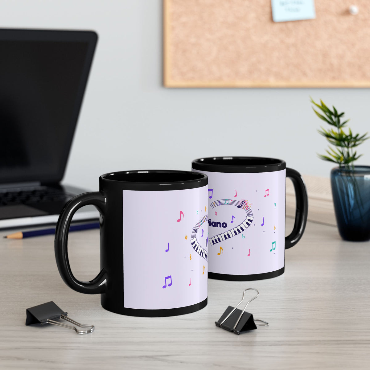 Music-themed Black Mug (11oz, 15oz): 'I love piano' heart - violet