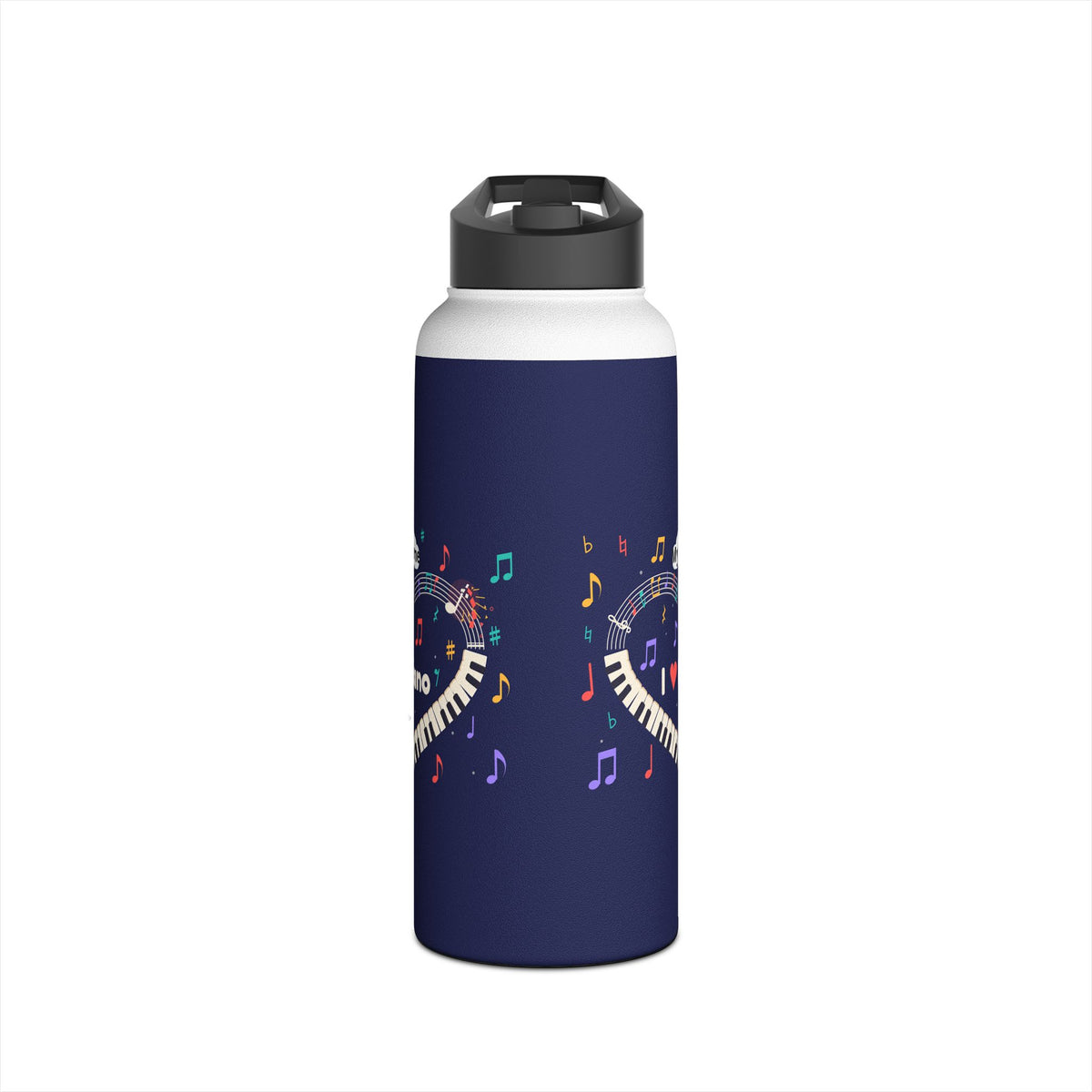 Music-themed Stainless Steel Water Bottle, Standard Lid: 'I love piano' heart - navy