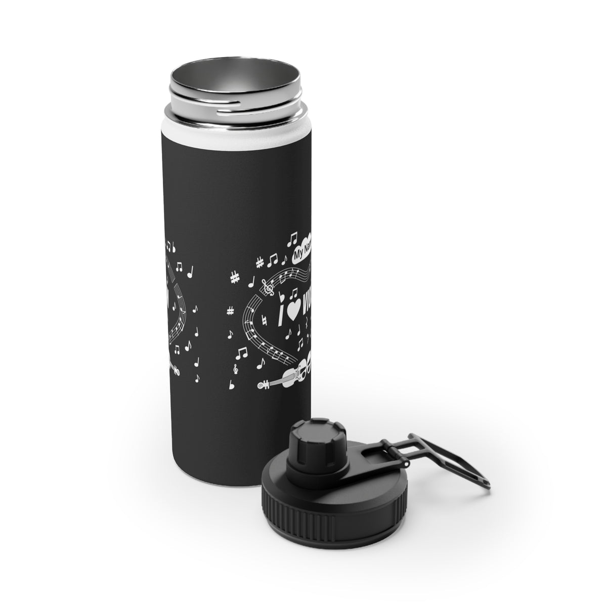 Music-themed Stainless Steel Water Bottle, Sports Lid: 'I love violin' - black & white