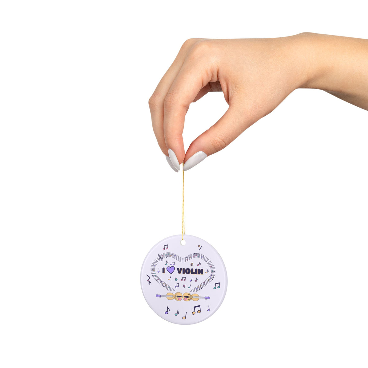 Music-themed Ceramic Ornaments, 1-Side Print: 'I love violin' - violet