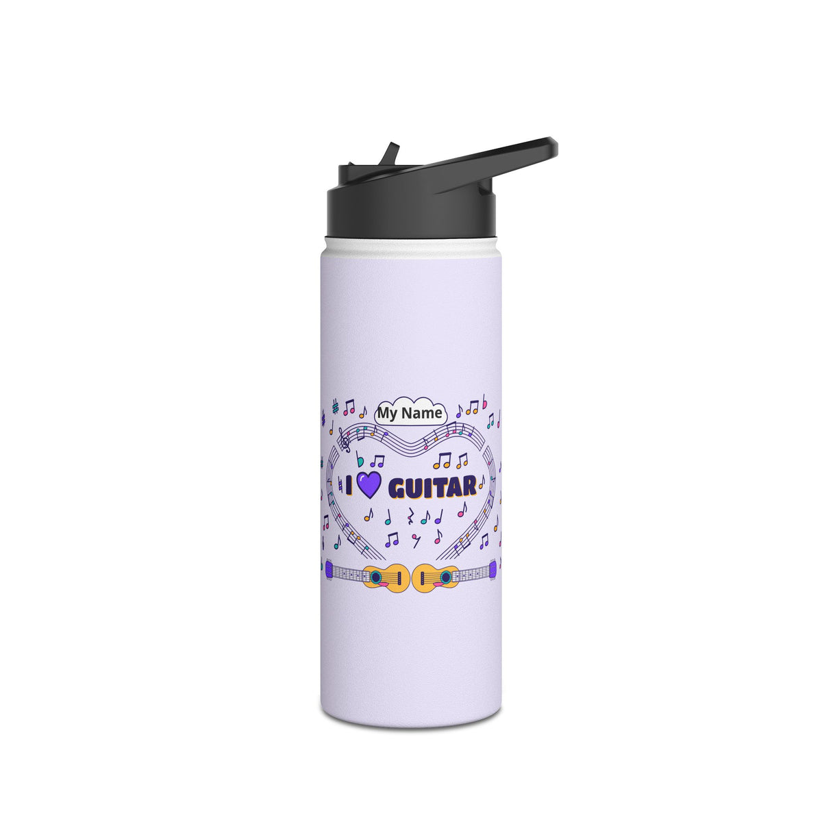 Music-themed Stainless Steel Water Bottle, Standard Lid: 'I love guitar' - violet