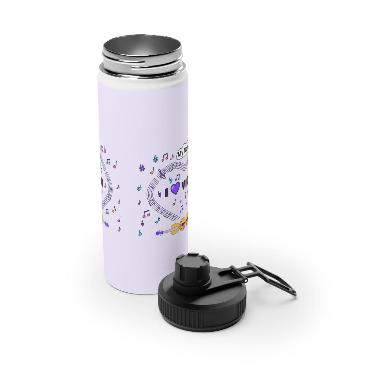 Music-themed Stainless Steel Water Bottle, Sports Lid: 'I love violin' - violet