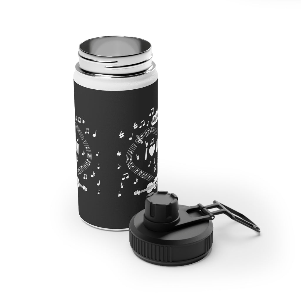 Music-themed Stainless Steel Water Bottle, Sports Lid: 'I love violin' - black & white