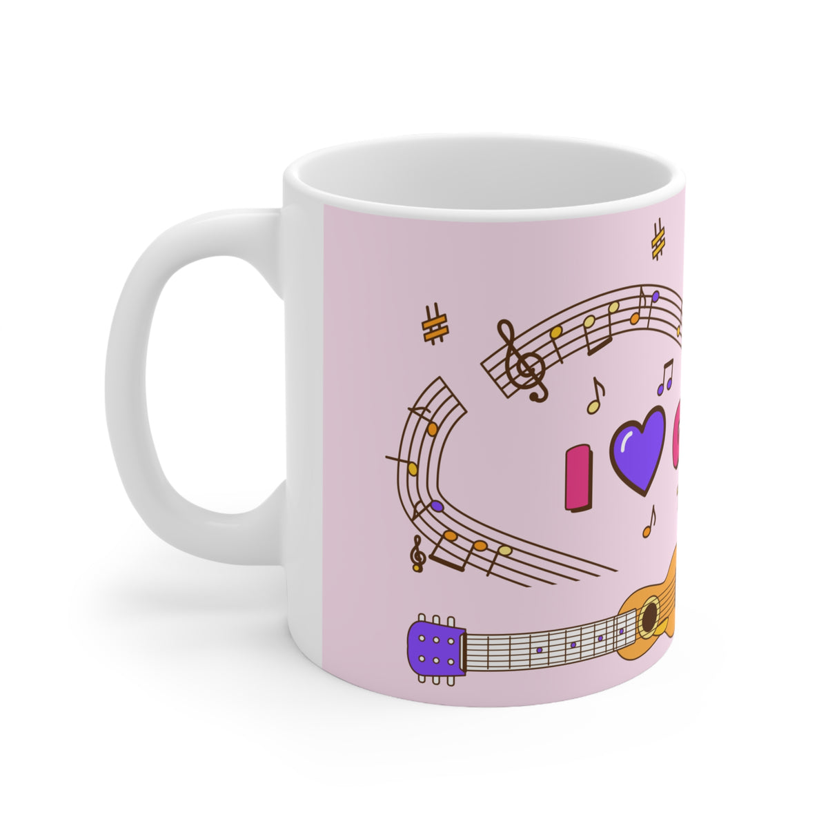 Music-themed Ceramic Mug, 11oz, 15oz: 'I love guitar' - pink