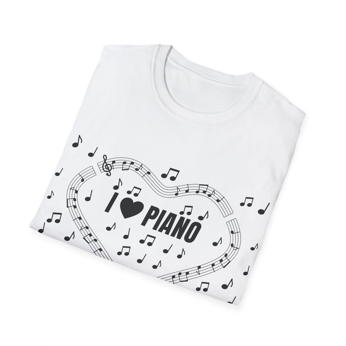Music-themed Unisex Softstyle T-Shirt: 'I love piano' - black on white
