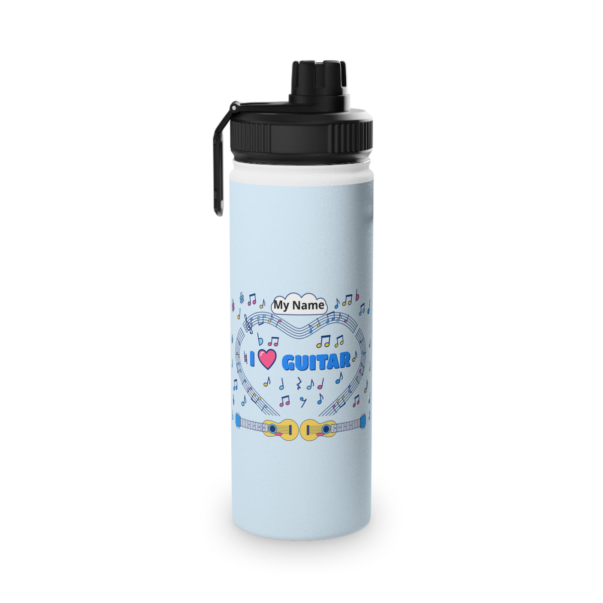 Music-themed Stainless Steel Water Bottle, Sports Lid: 'I love guitar' - blue