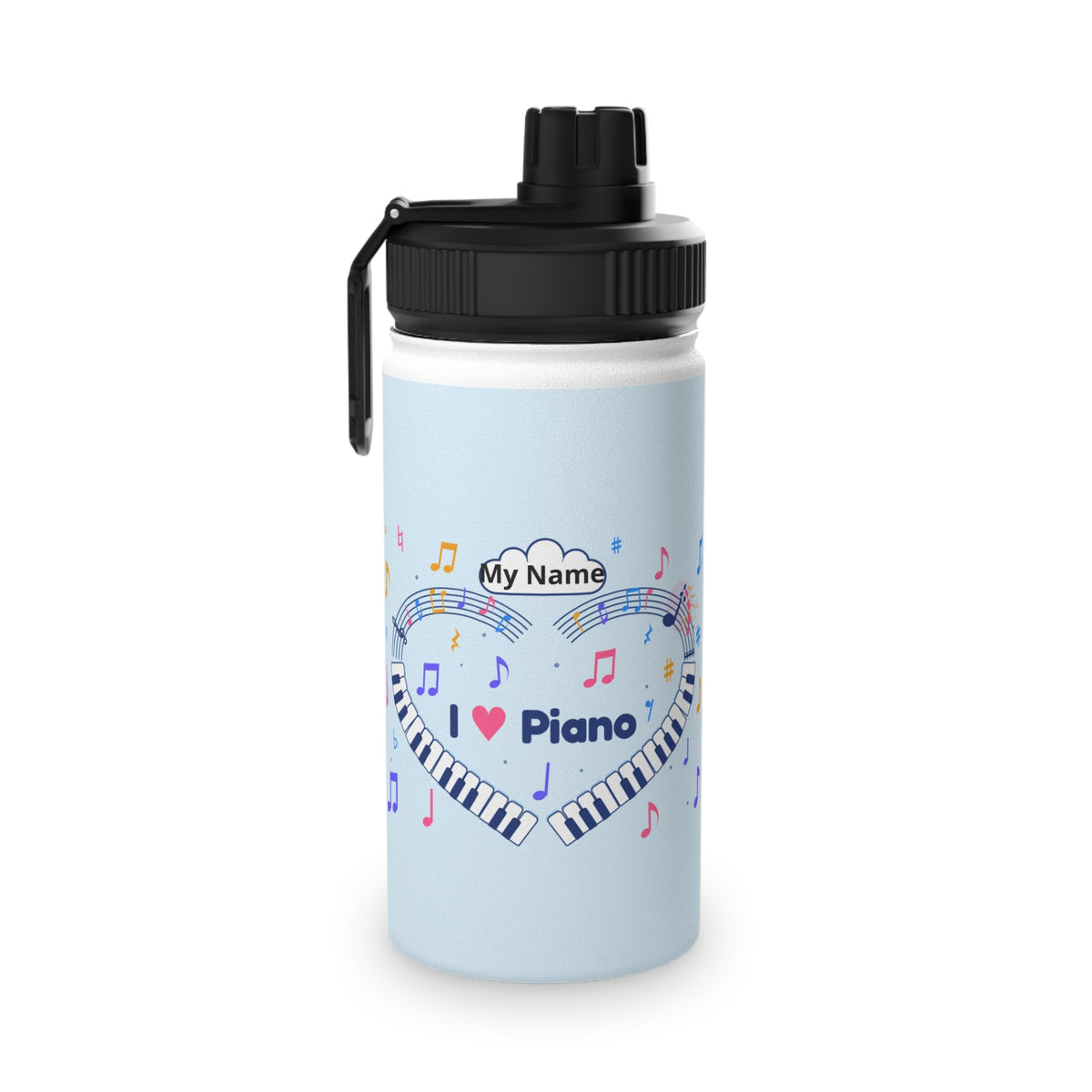 Music-themed Stainless Steel Water Bottle, Sports Lid: 'I love piano' heart - blue