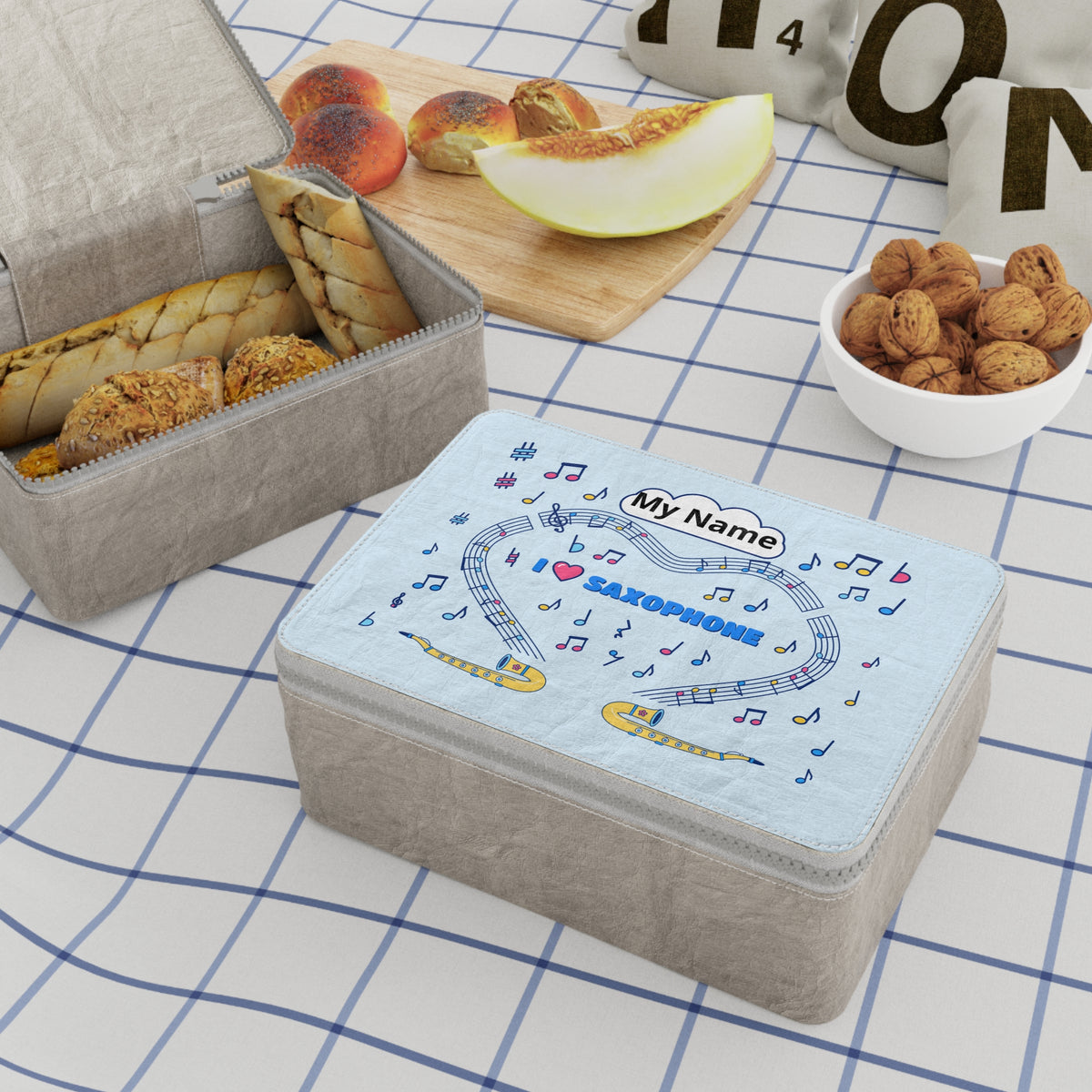 Music-themed Paper Lunch Bag: 'I love saxophone' - blue