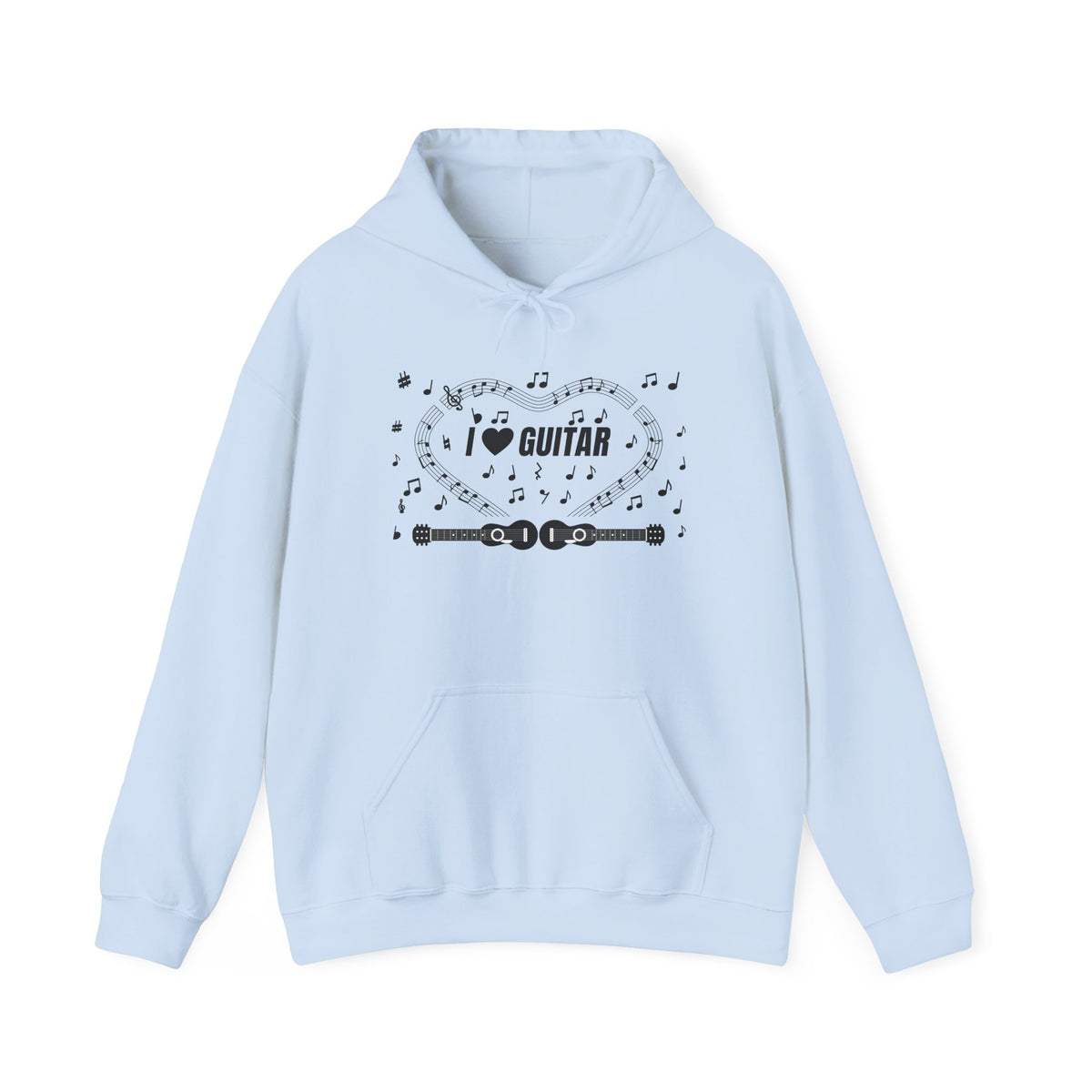 Music-themed Unisex Heavy Blend Hooded Sweatshirt: 'I love guitar' - black on white
