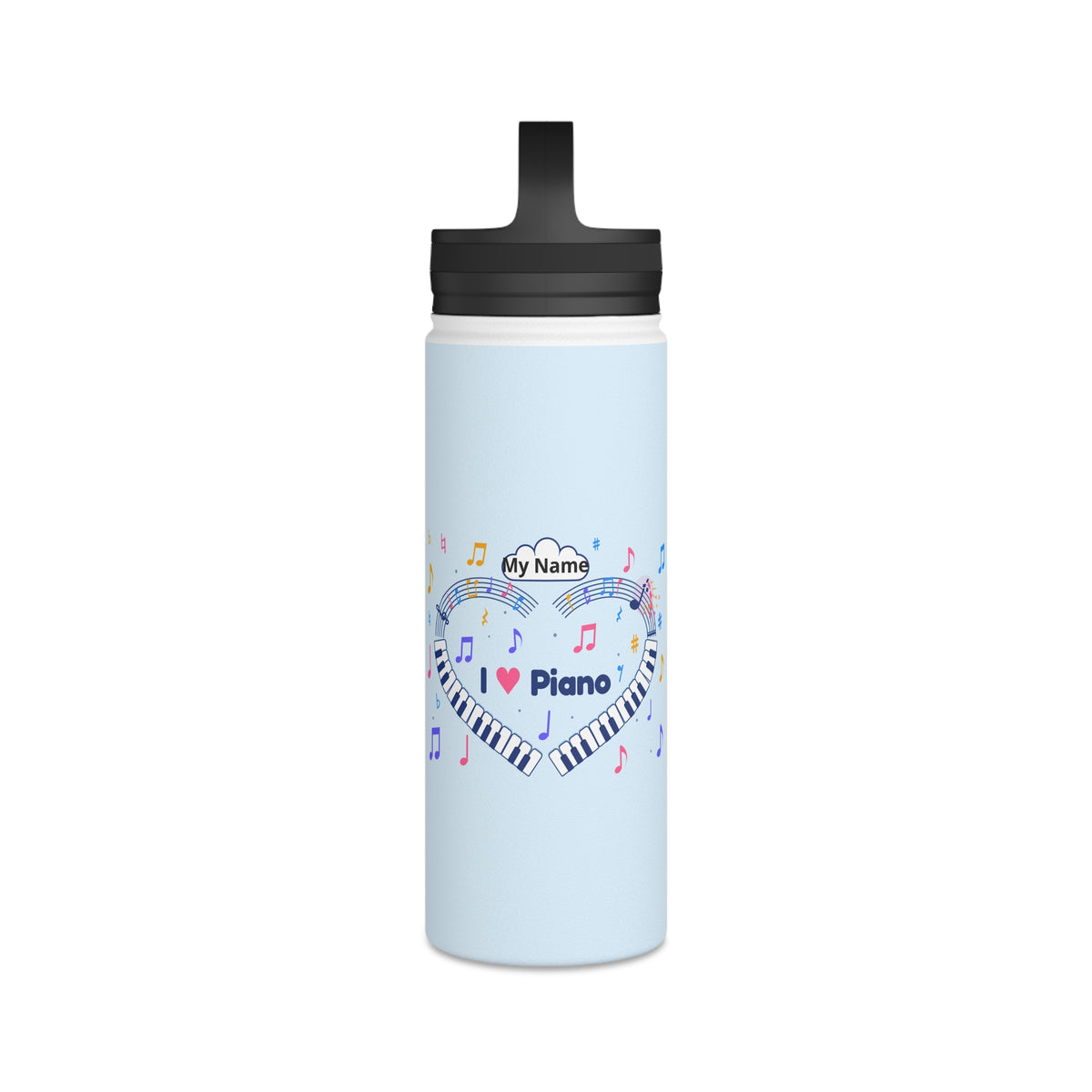 Music-themed Stainless Steel Water Bottle, Handle Lid: 'I love piano' heart - blue
