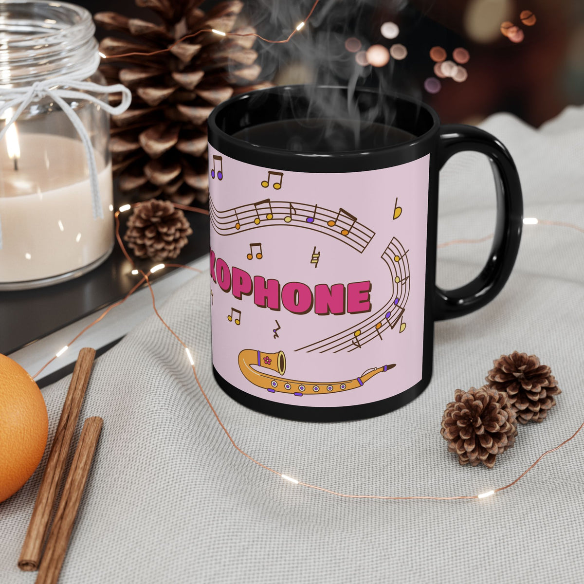 Music-themed Black Mug (11oz, 15oz): 'I love saxophone' - pink