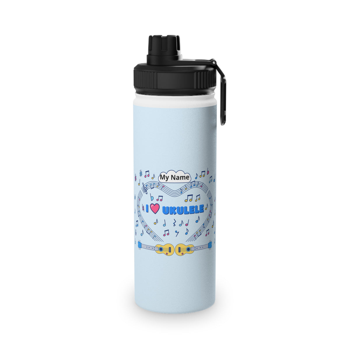 Music-themed Stainless Steel Water Bottle, Sports Lid: 'I love ukulele' - blue