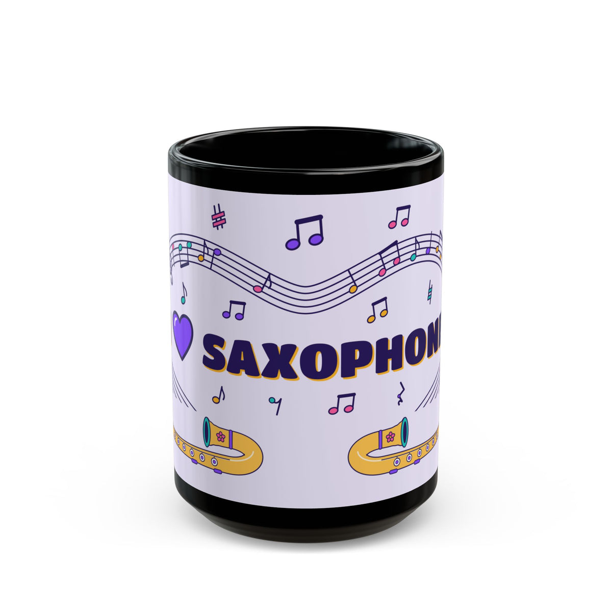 Music-themed Black Mug (11oz, 15oz): 'I love saxophone' - violet