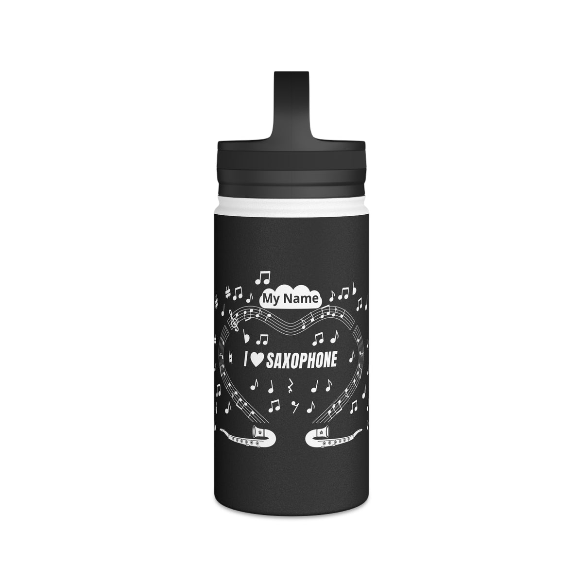 Music-themed Stainless Steel Water Bottle, Handle Lid: 'I love saxophone' - black & white