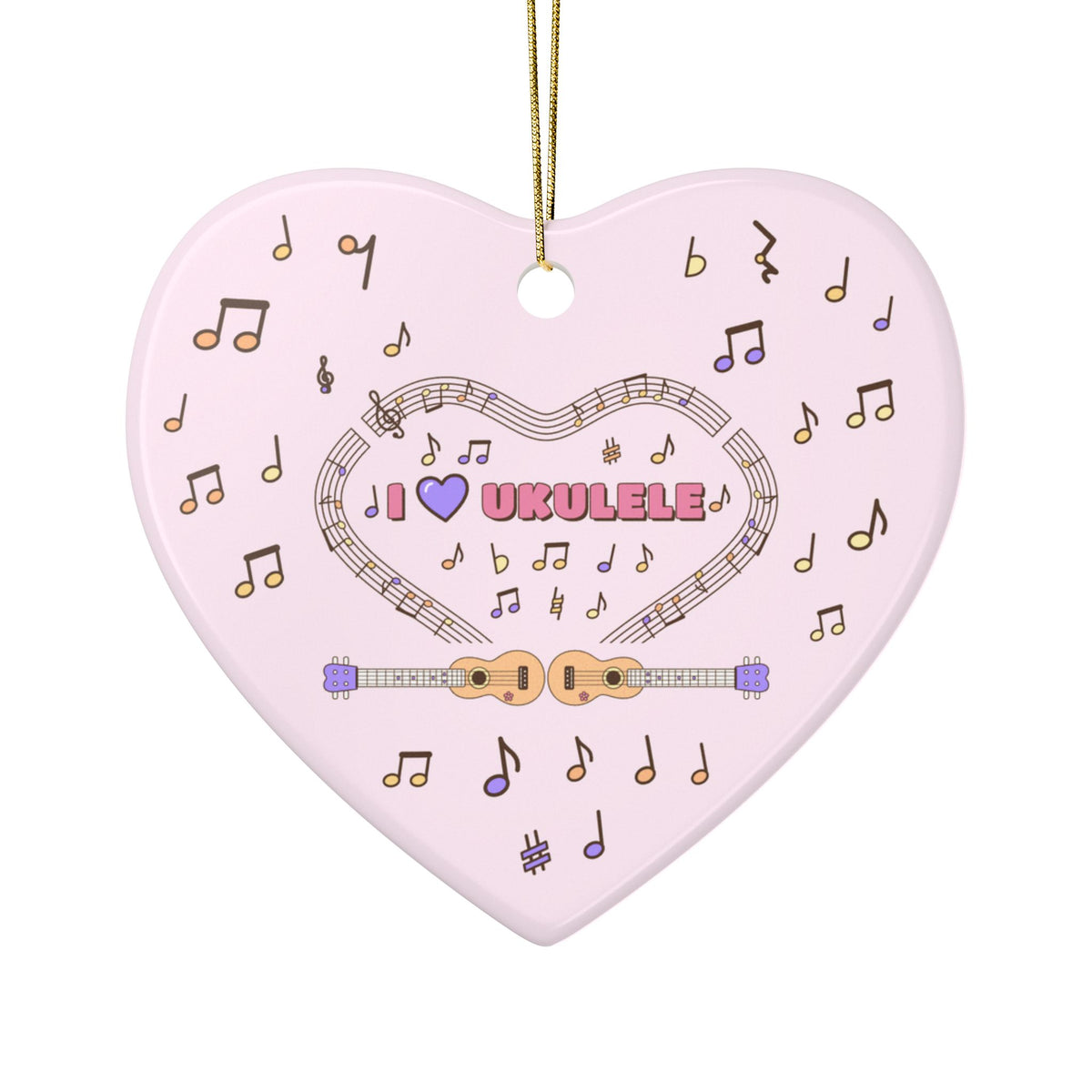 Music-themed Ceramic Ornaments, 2-Side Print: 'I love ukulele' - pink