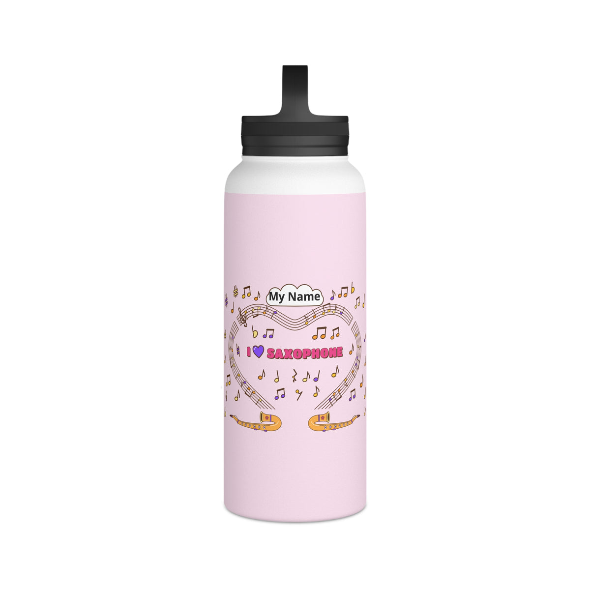 Music-themed Stainless Steel Water Bottle, Handle Lid: 'I love saxophone' - pink
