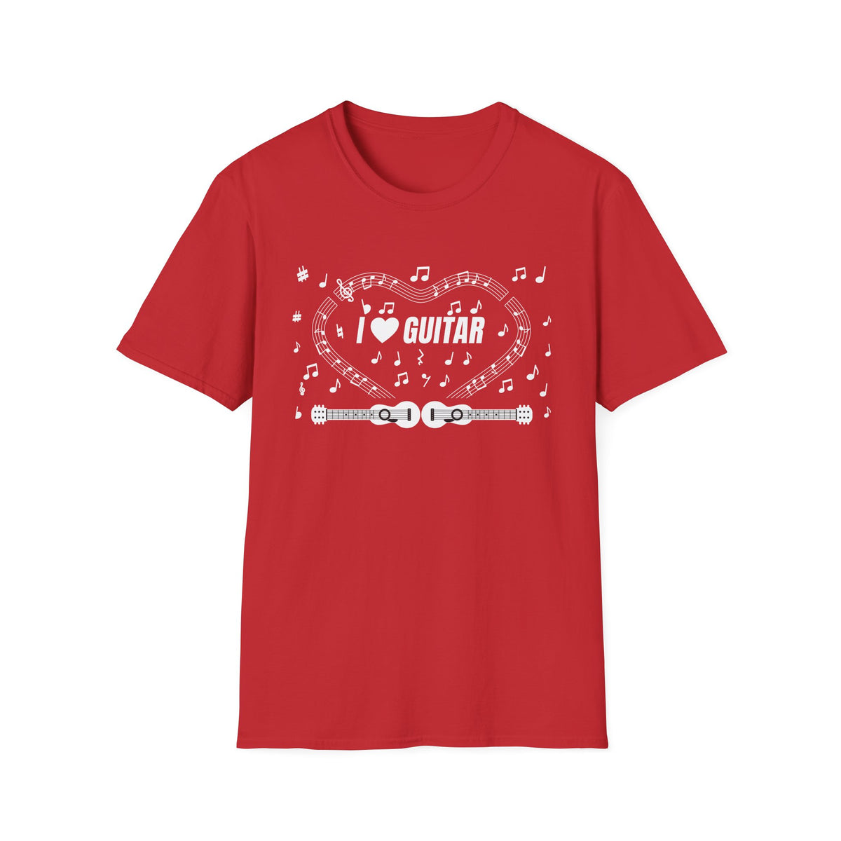 Music-themed Unisex Softstyle T-Shirt: 'I love guitar' - black & white