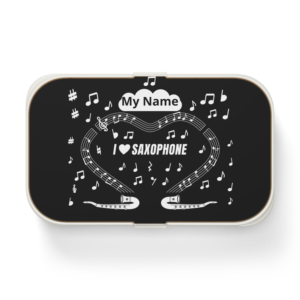 Music-themed Bento Lunch Box: 'I love saxophone' - black & white