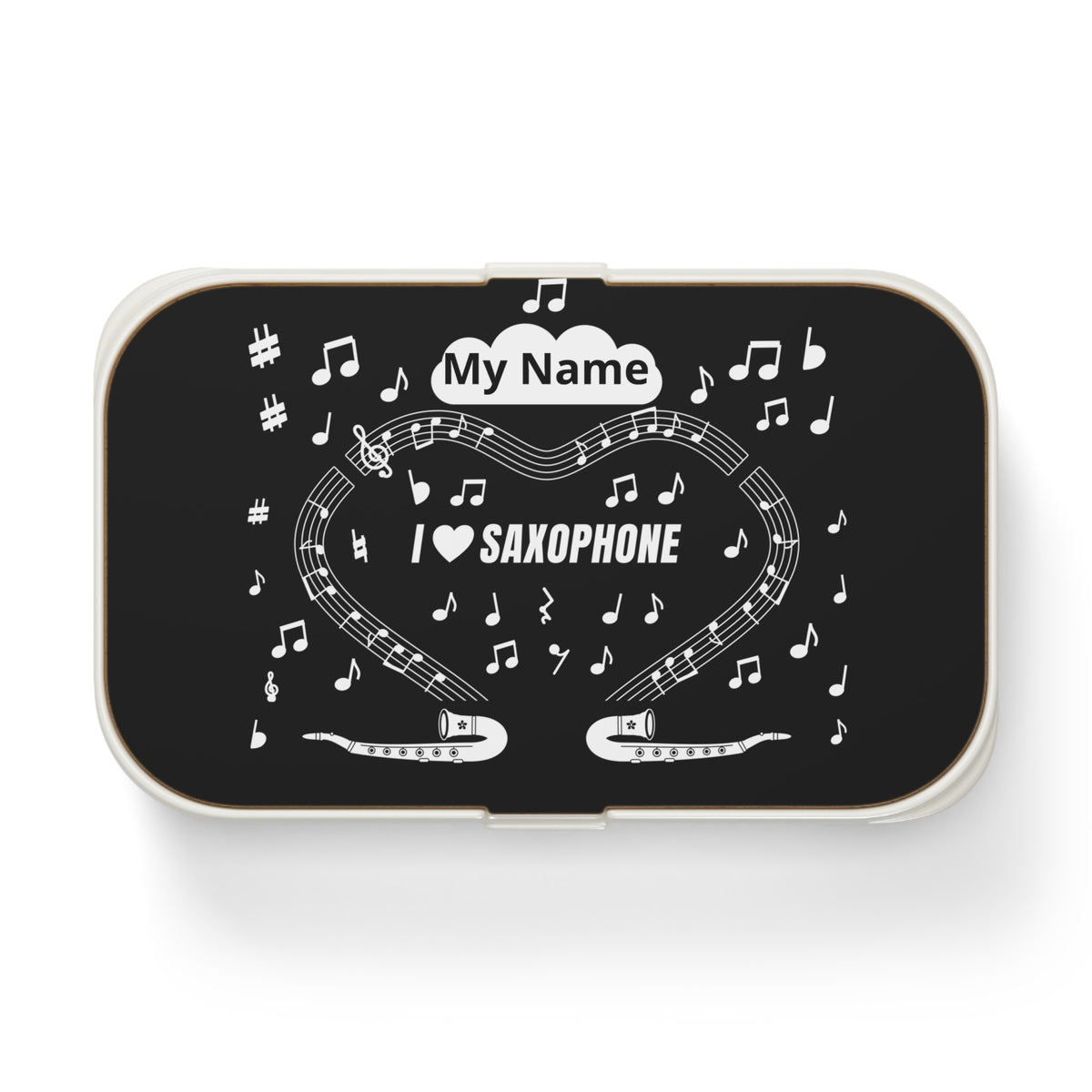 Music-themed Bento Lunch Box: 'I love saxophone' - black & white
