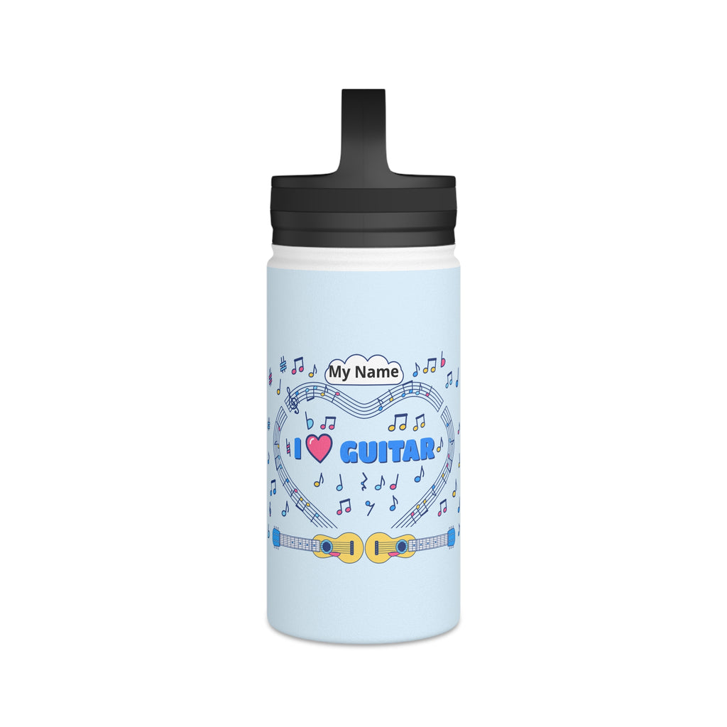 Music-themed Stainless Steel Water Bottle, Handle Lid: 'I love guitar' - blue