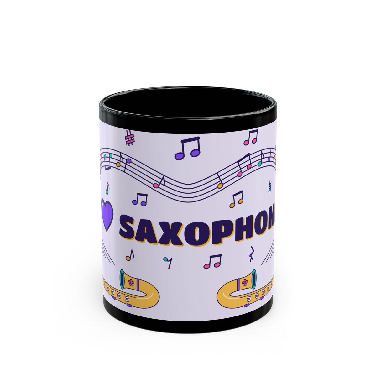Music-themed Black Mug (11oz, 15oz): 'I love saxophone' - violet