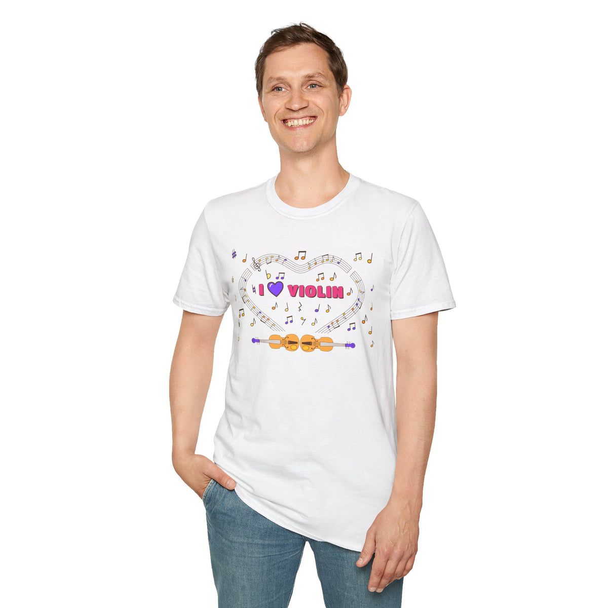 Music-themed Unisex Softstyle T-Shirt: 'I love violin' - pink