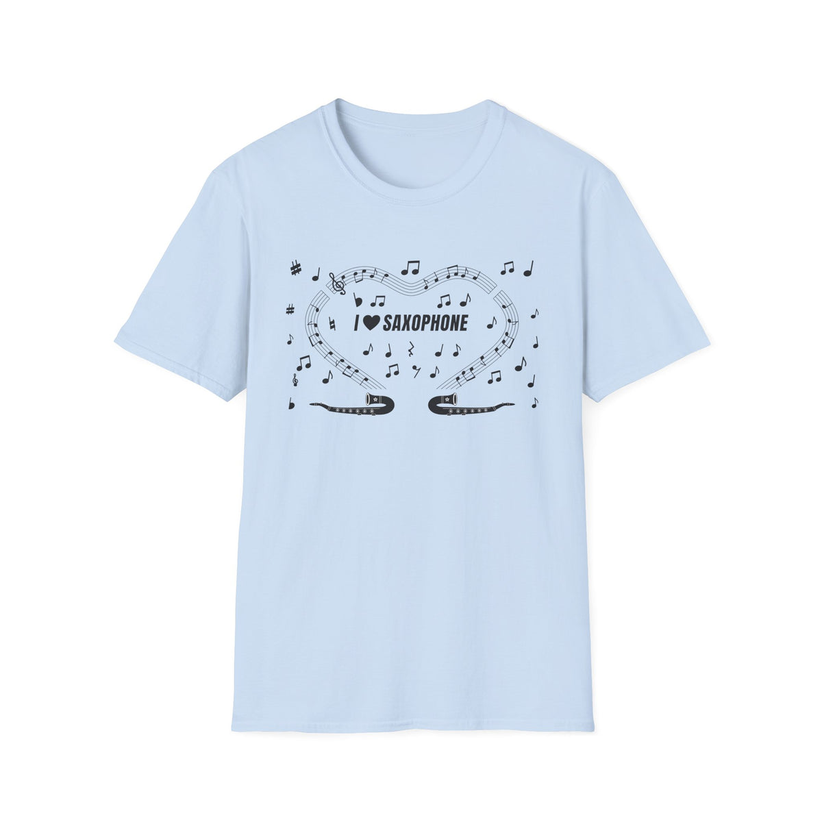 Music-themed Unisex Softstyle T-Shirt: 'I love saxophone' - black on white