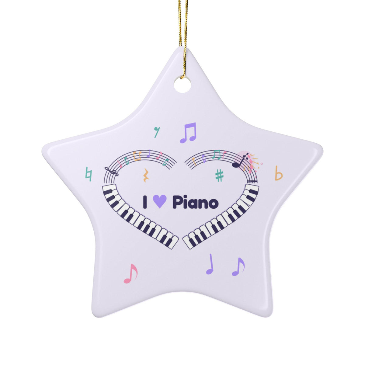 Music-themed Ceramic Ornaments, 1-Side Print: 'I love piano' heart - violet