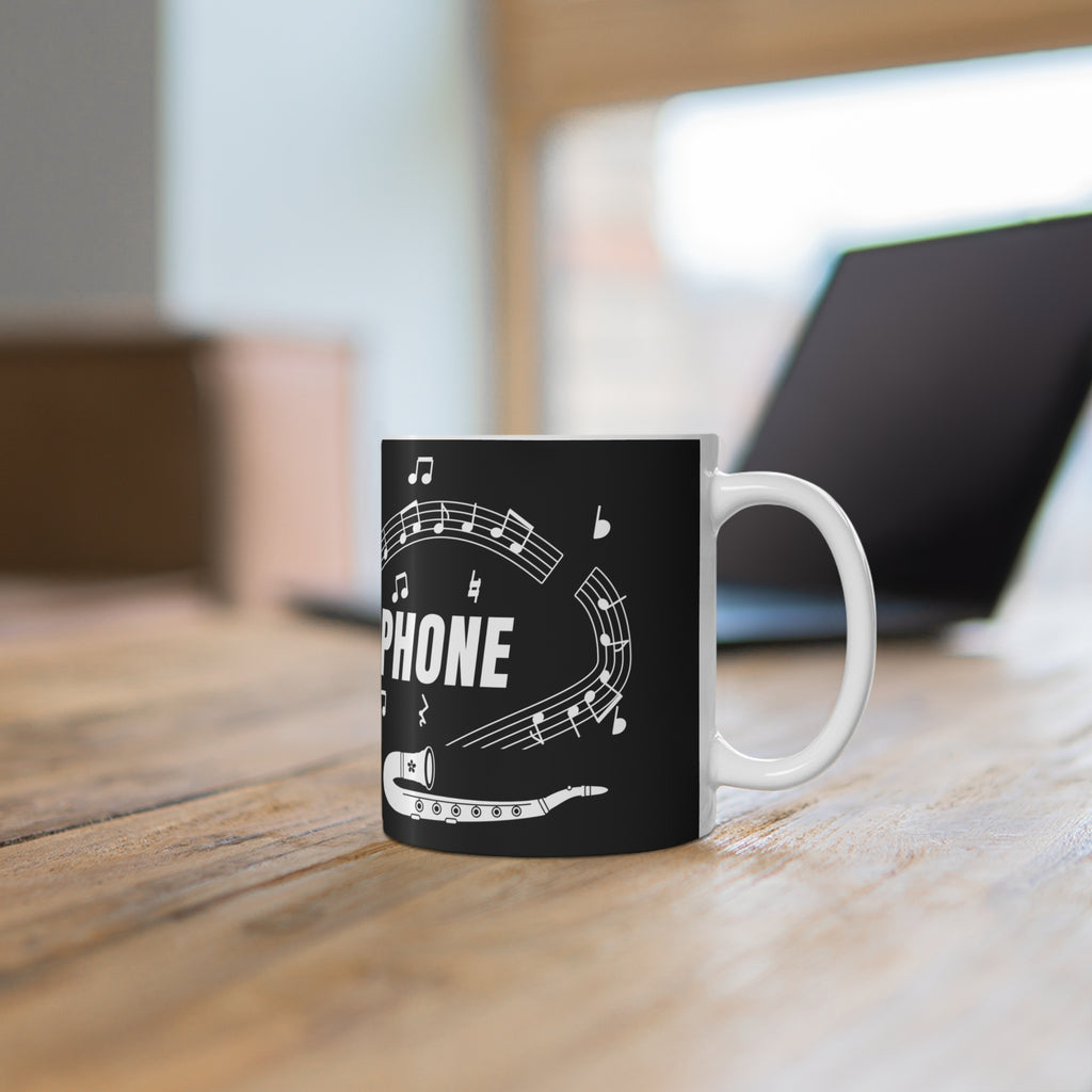 Music-themed Ceramic Mug, 11oz, 15oz: 'I love saxophone' - black & white